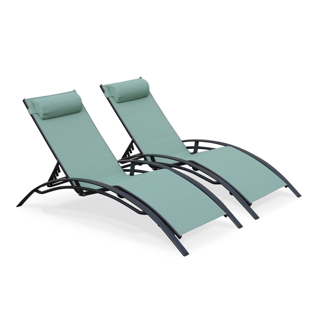 Louisa - Lot de 2 bains de soleil en aluminium et textilène vert gris